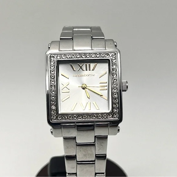 Liz Claiborne Womens Watch Silver Square Crystal Bezel 7.5" New Battery - Picture 2 of 10